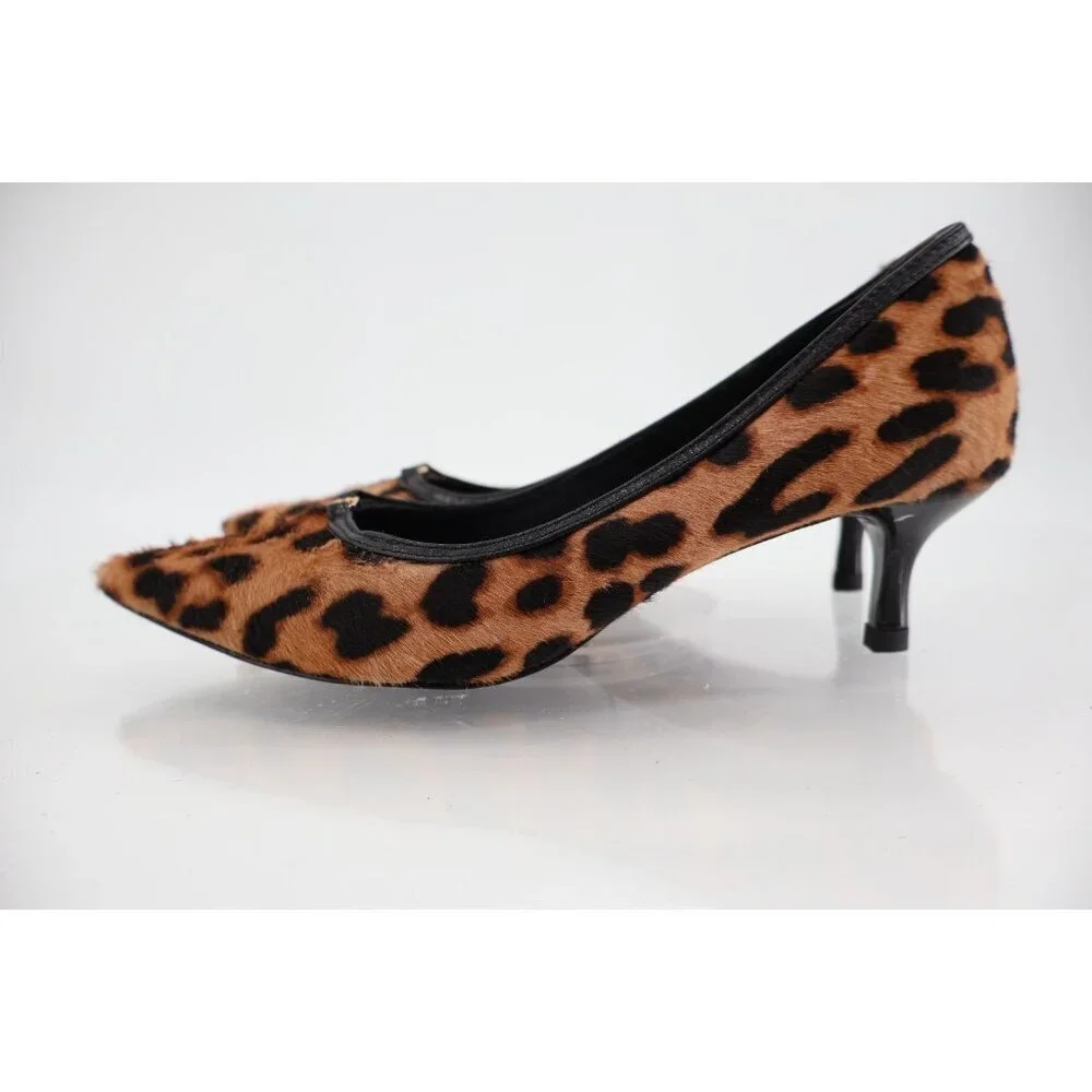 Tory Burch Double T Buckle Leopard Calf Hair Kitten Heel Pumps Size 5.5 Brown